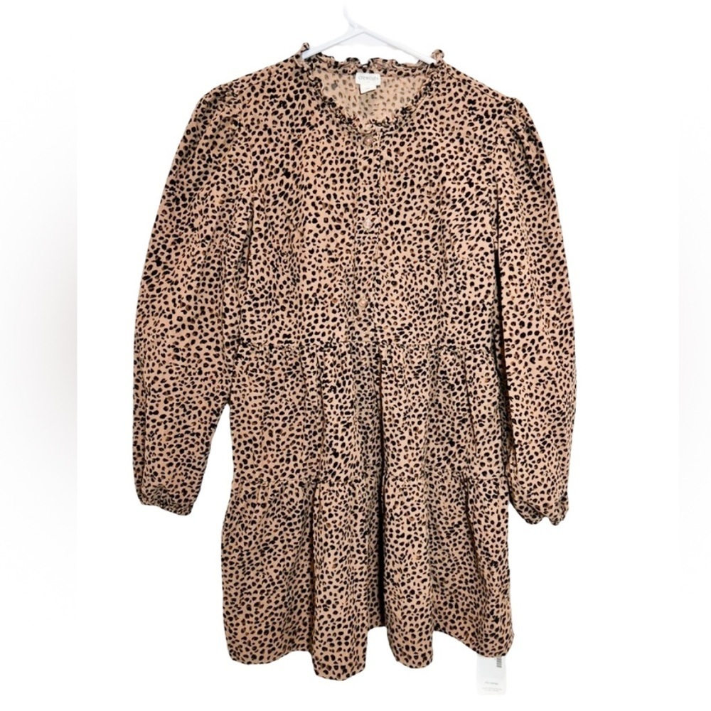 Crewcuts: Leopard Animal Print Long gathered Sleeve Dress tiered/ruffles: (14)